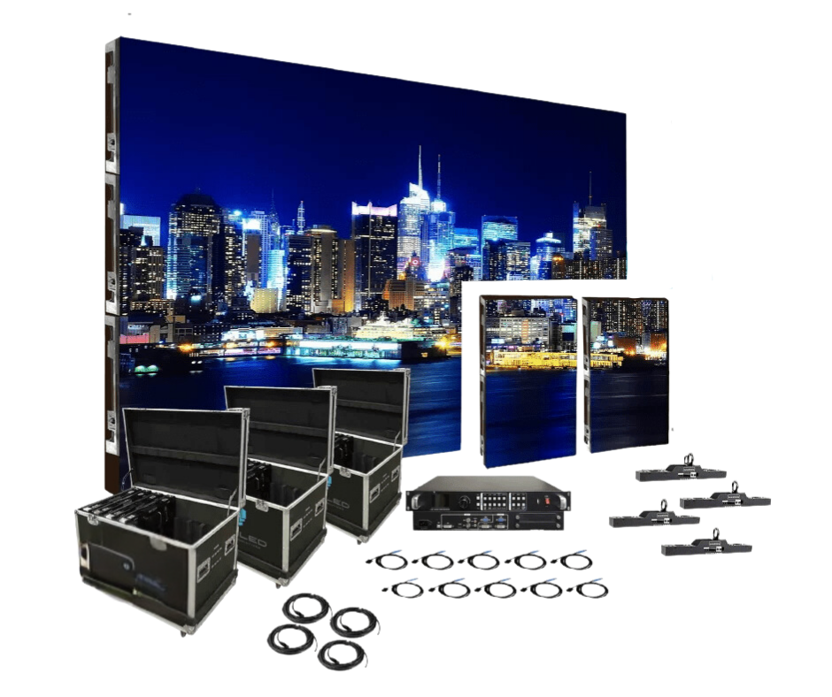 Os painéis LED são fornecidos com caixas de transporte profissionais (flight cases), desenhadas para garantir segurança, organização e rapidez logística.